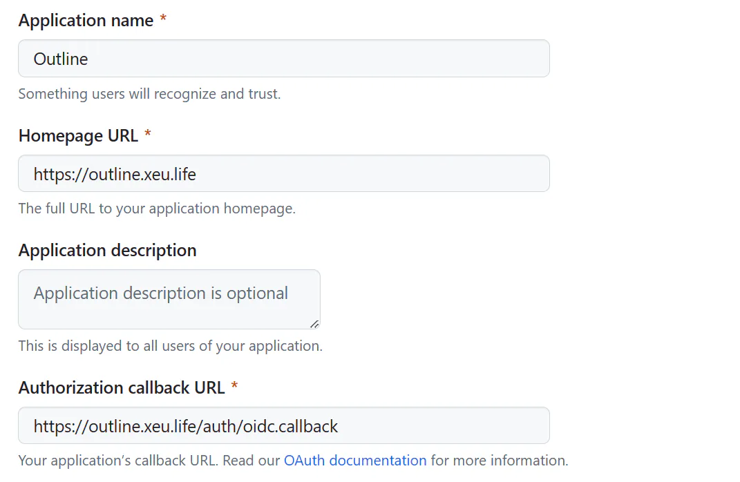 GitHub 新建 OAuth App 的名称、主页和回调地址配置