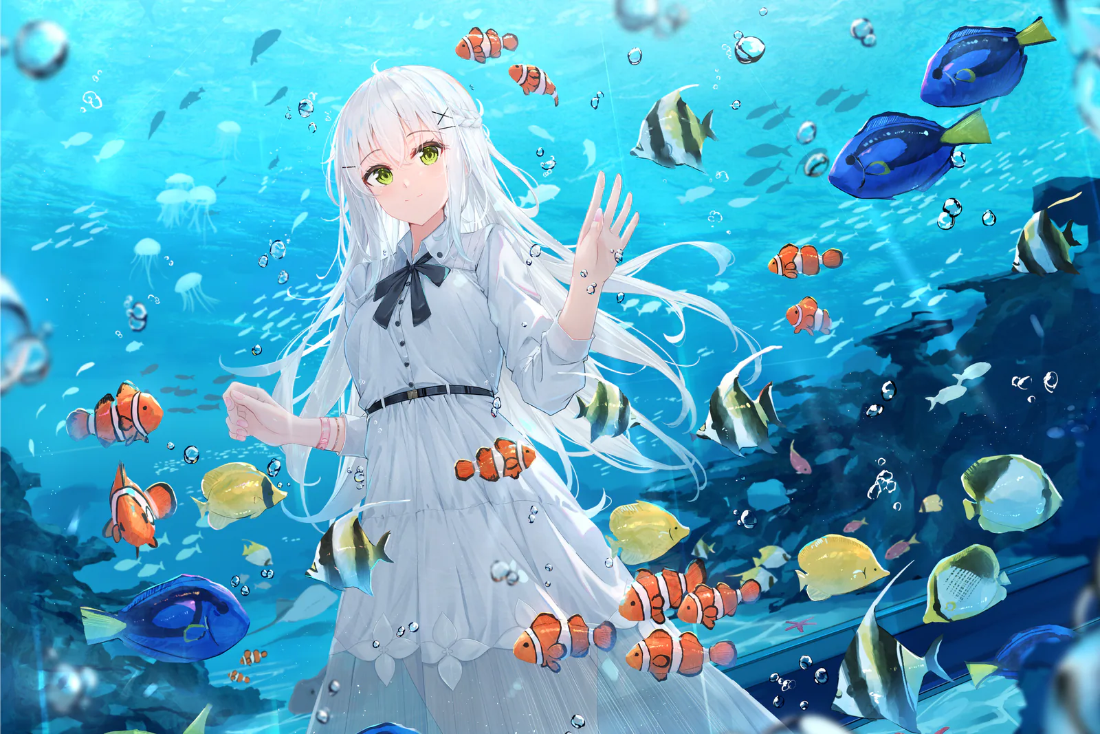 鱼群环绕的水下白发少女插画