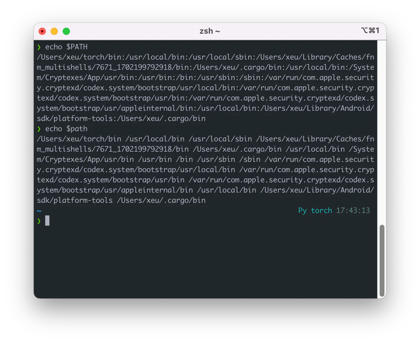 终端测试显示 zsh 中 path 与 PATH 数组相互关联